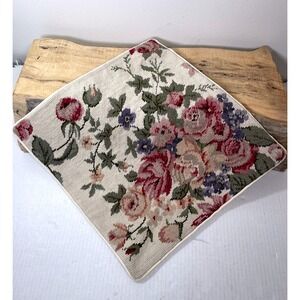 NEW Needlepoint Pillow Cover Floral Pink/Green Multi‎ Roses 15" Cream Velvet Zip